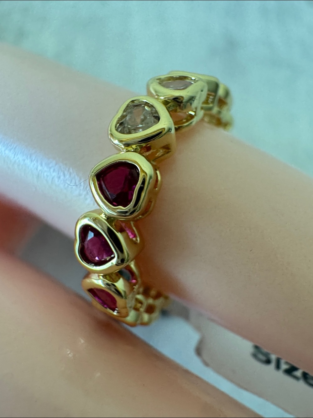 Unique Lab Created Ruby and CZ Gold plated Hearts Ring Sz. 7